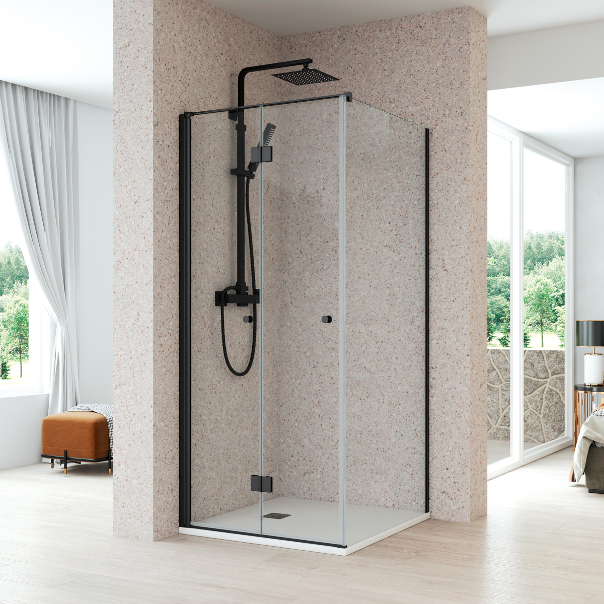 Mampara ducha rectangular plegable 1 fijo 75 + 90cm transparente negro