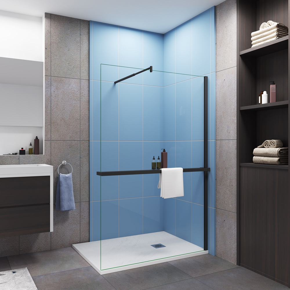 Mampara de ducha fija con estante-140x200cm-8mm antical-barra70-120cm-negro