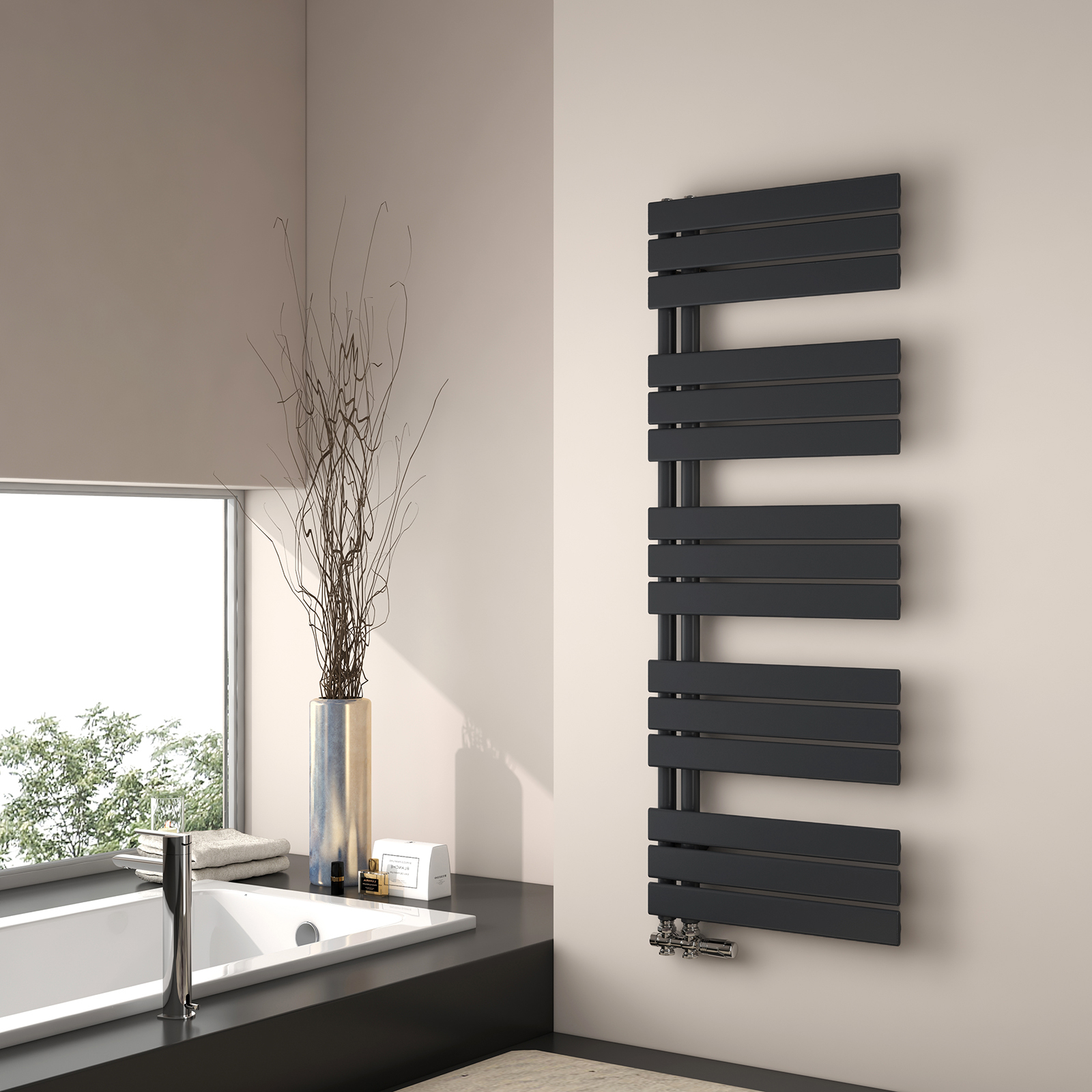 Emke radiador toallero agua caliente 132x50cm, panel negro mate, vertical