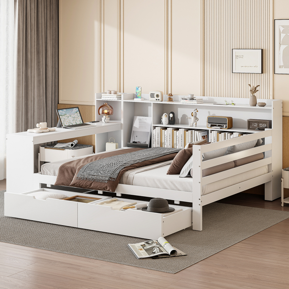Sofá cama 140x200cm con escritorio, estanterías y enchufes madera blanco