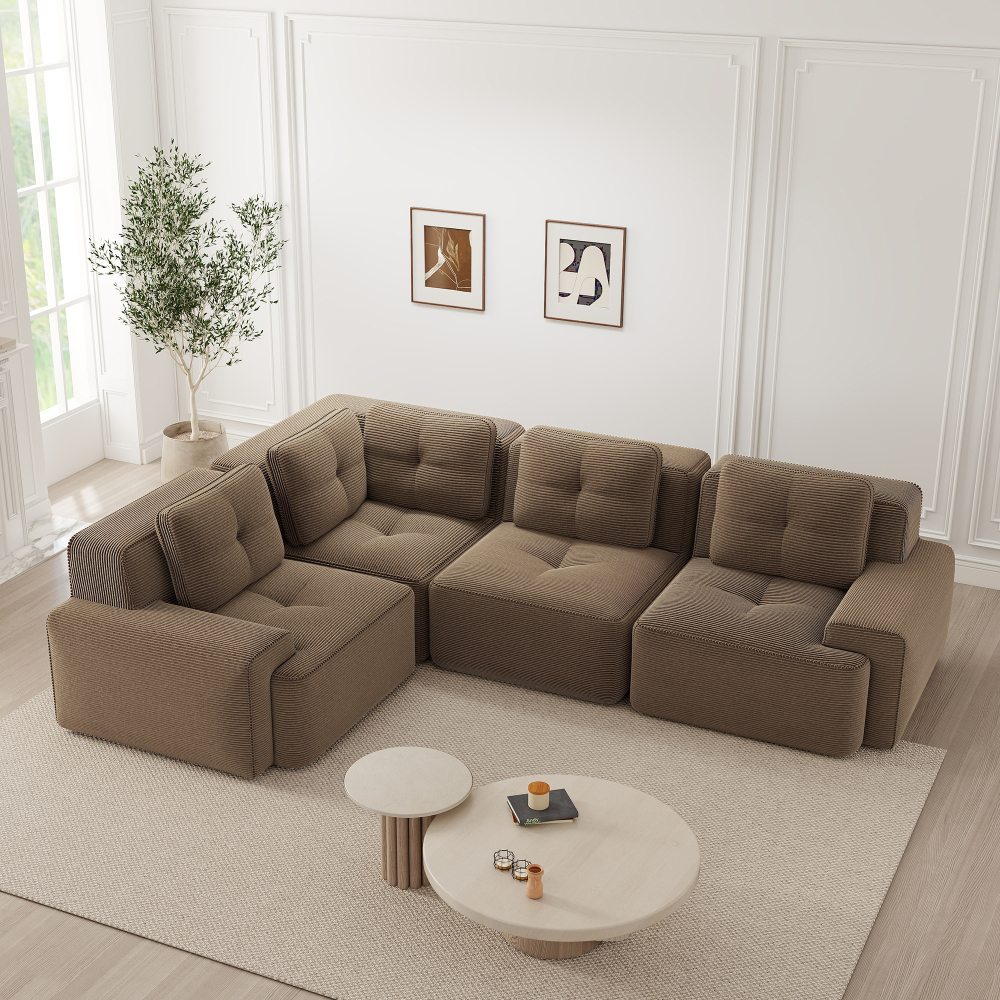 Sofá modular en l de pana marrón con brazos anchos