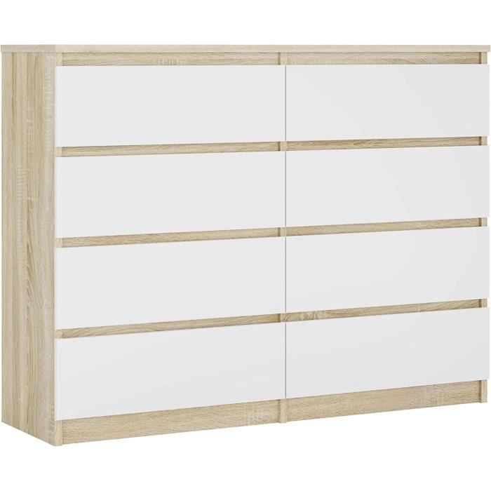Cómoda - 8 cajones 120 cm - roble sonoma y blanco
