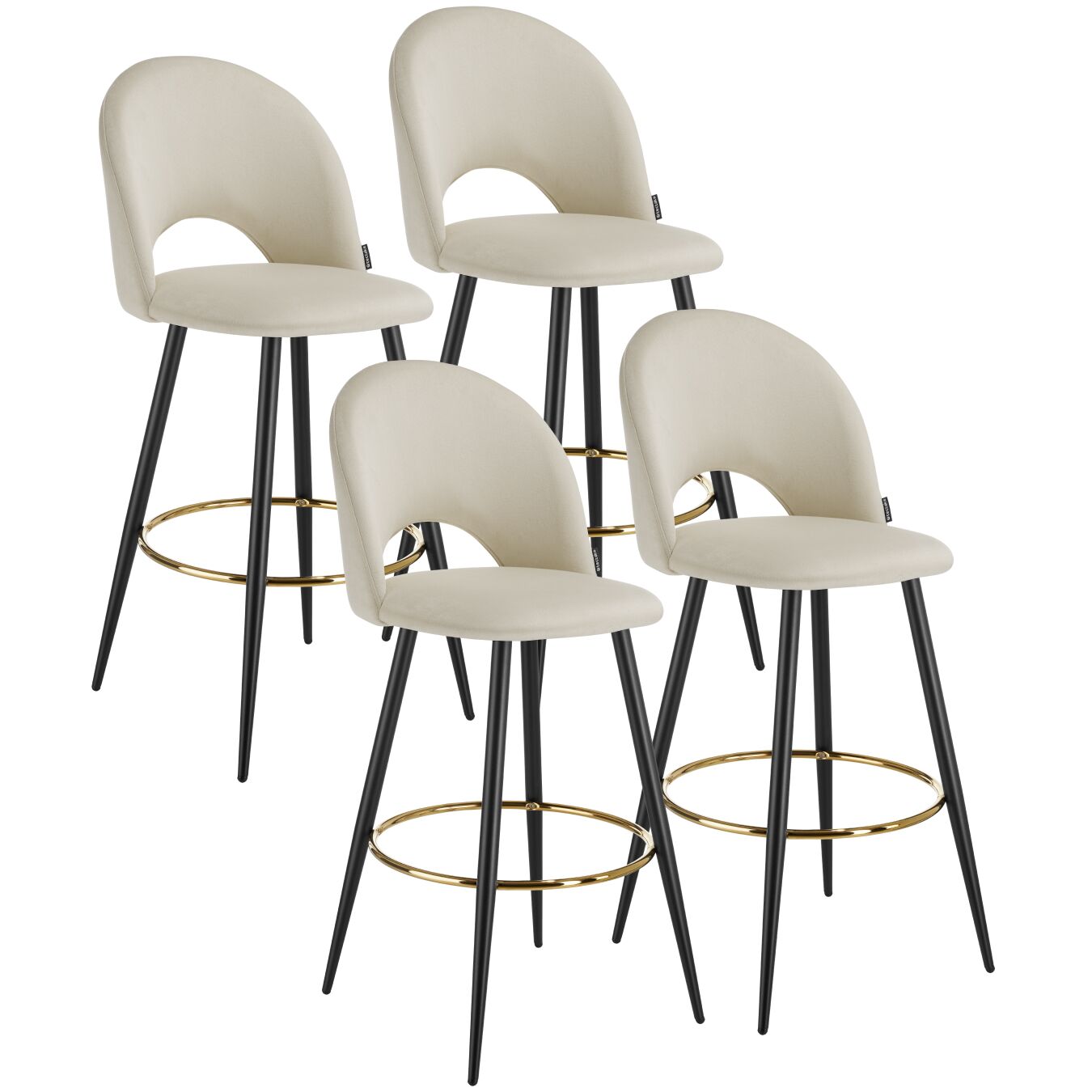 4 taburetes altos con terciopelo, respaldo y reposapiés, crema/negro