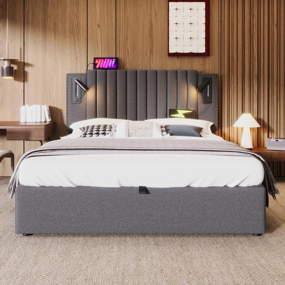Cama 140x200 con colchón 620 resortes, cabecero ajustable, gris