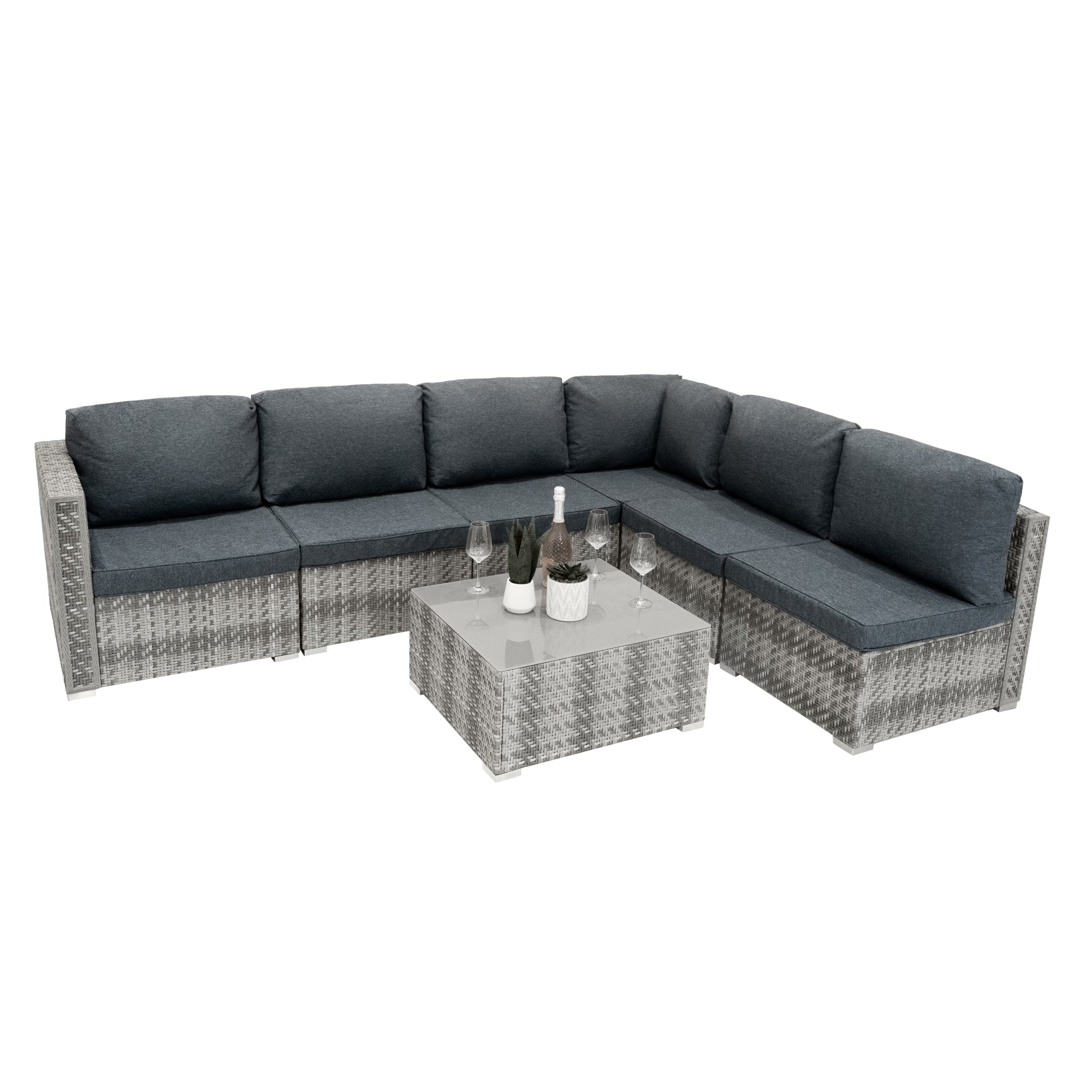 Set muebles de patio modulares de ratán marielle|gris 7piezas