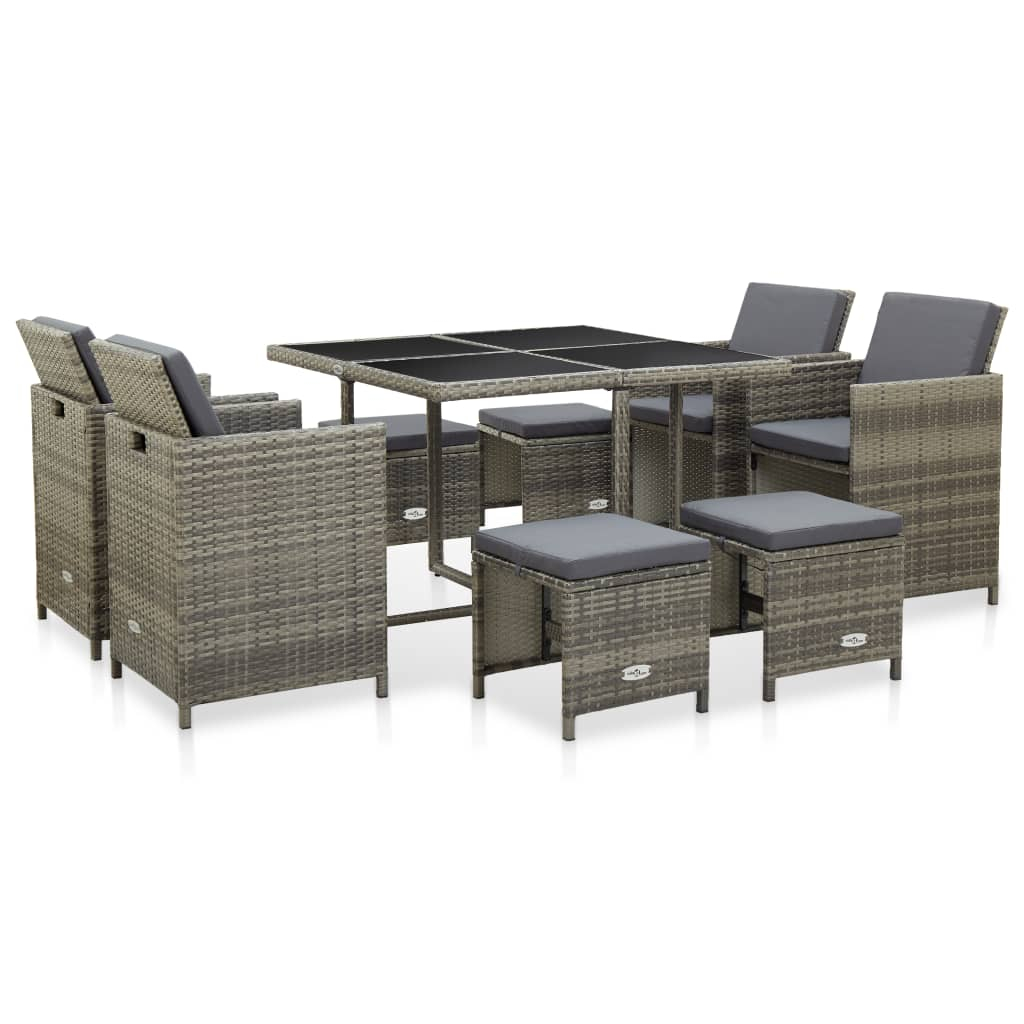 vidaXL set de comedor de jardín 9 pzas y cojines ratán sintético gris