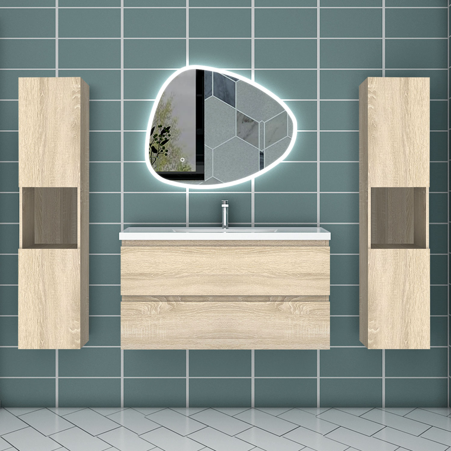 Mueble de baño aica 99×44,5cm,roble con espejo y armario lateral