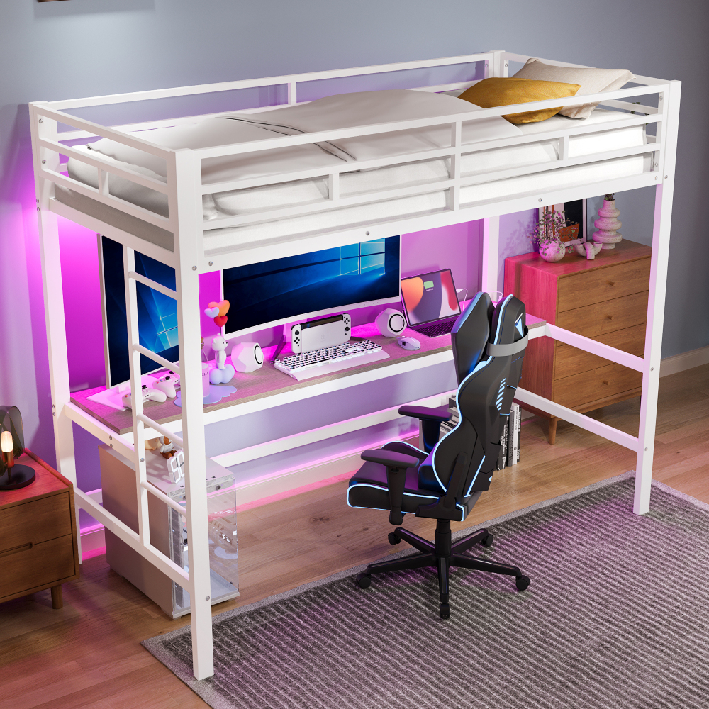 Cama alta 90x200 cm con escritorio LED y carga metal – blanco