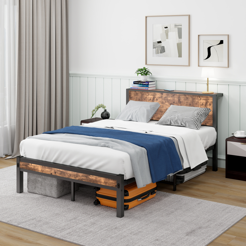 Cama metálica 120x200 cm con cabecero de almacenaje mdf y metal – marrón