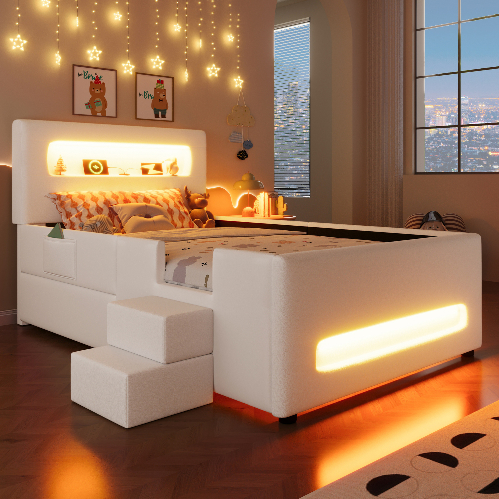 Cama tapizada 90x200 cm con escalera, cajón y LED pu – color blanco