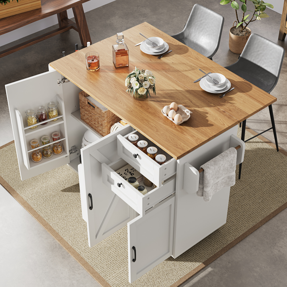 Isla de cocina plegable con 2 cajones blanco 92x120x43,2cm