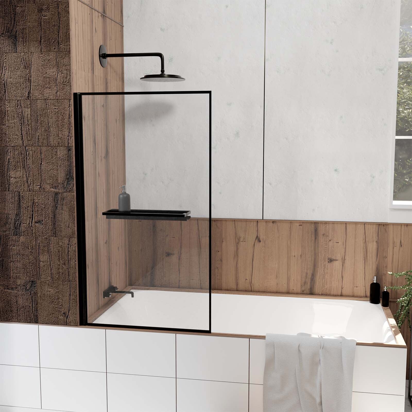 Mampara de bañera abatible 75x130 cm - toallero y estante negro mat