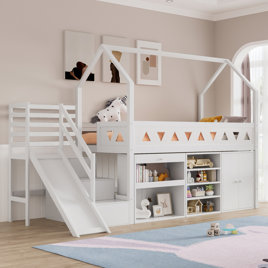 Cama infantil con rampa y escalera con cajones y almacenaje 90x200cm blanca