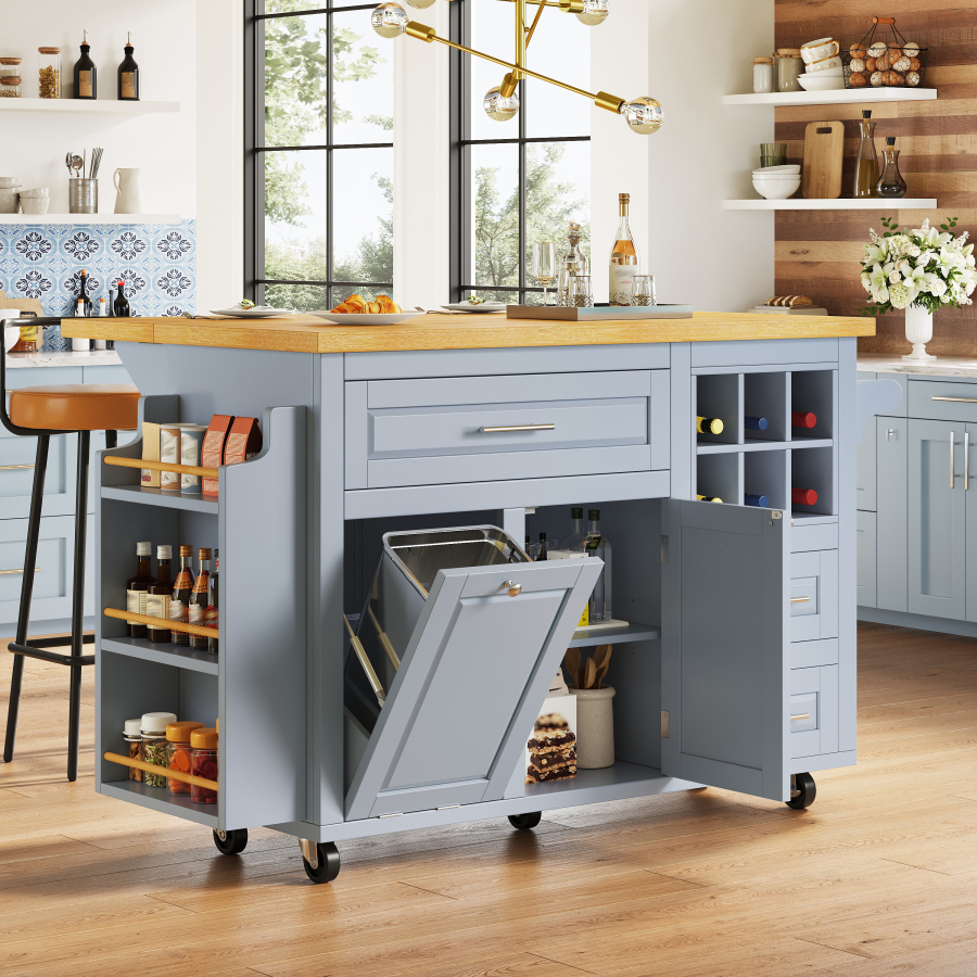 Isla de cocina plegable con cajones y botellero azul 91x143x75cm