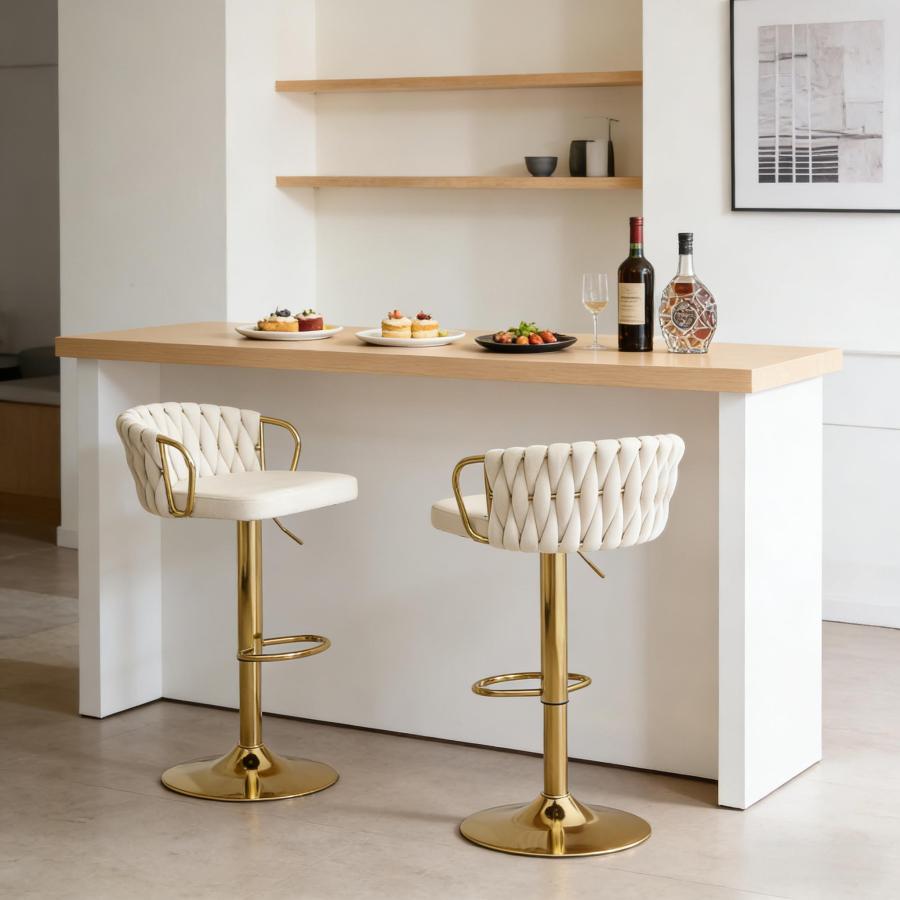 Taburete de bar de terciopelo blanco crema giratorio ajustable set de 2