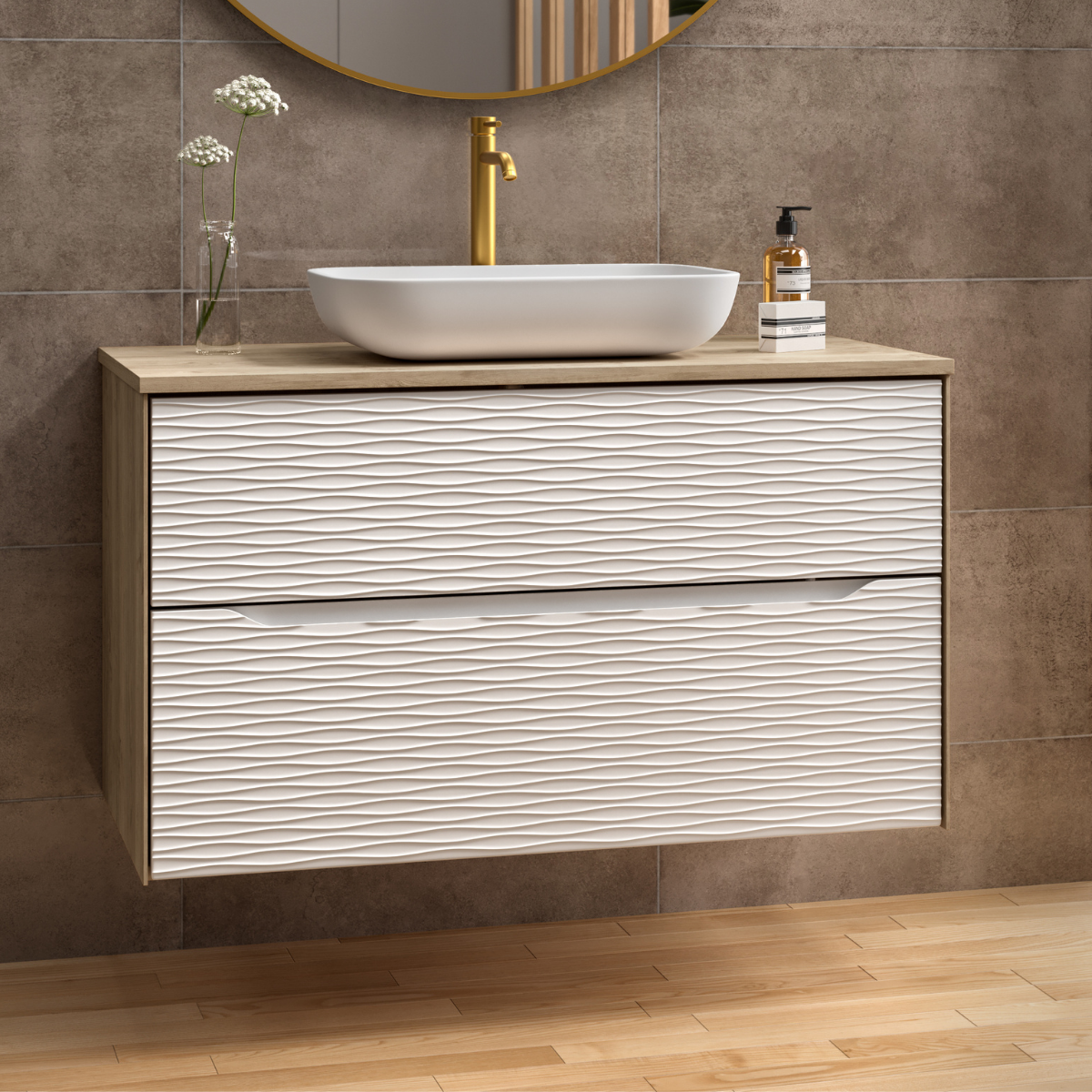 Mueble baño suspendido con tapa y lavabo | roble natural - blanco 100cm