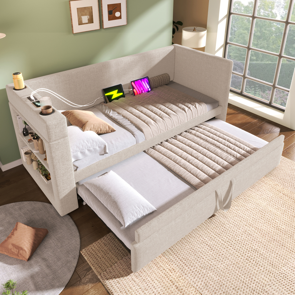 Cama nido 90x190cm, sofá cama con usb-c y portavasos algodón – beige