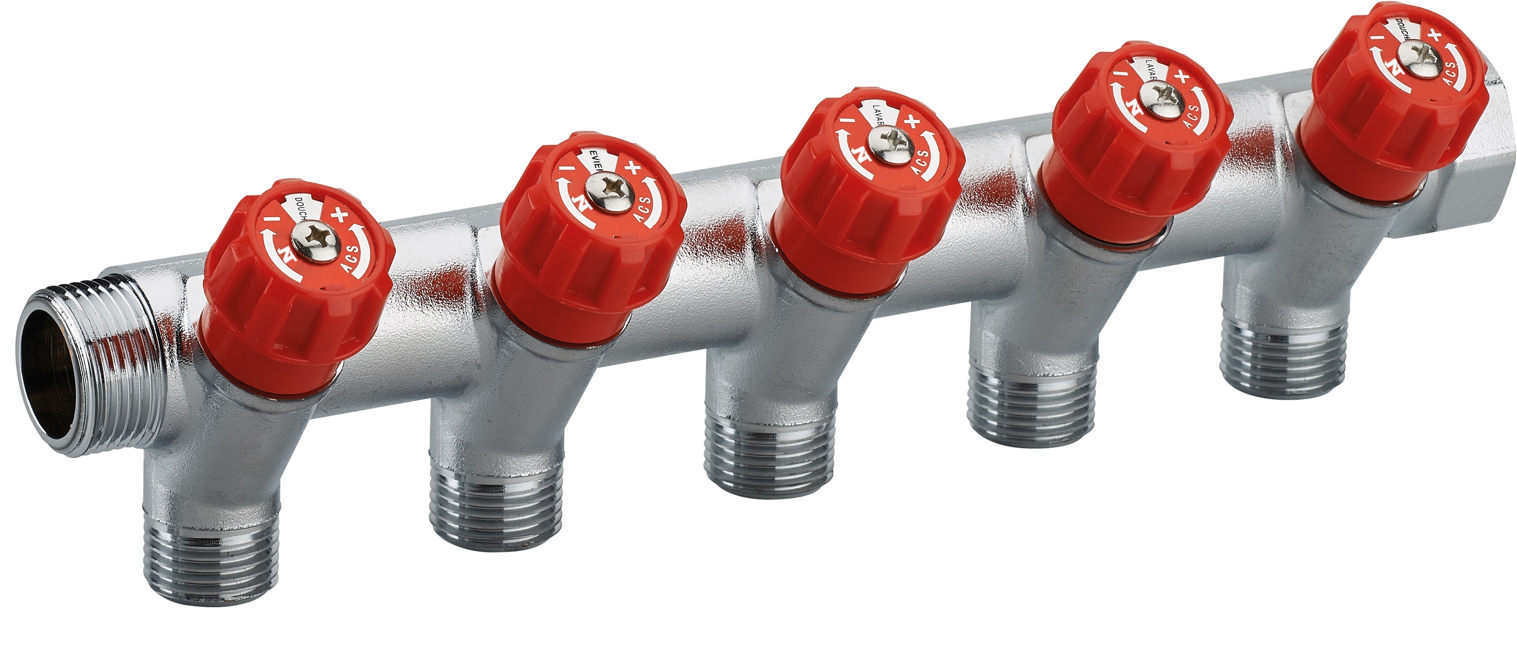 Colector macho - hembra 3/4 con grifería roja - 5 salidas 1/2