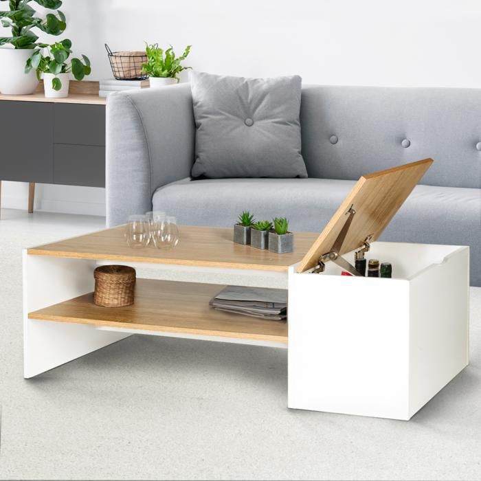 Mesa baja contemporánea con cofre blanco y aspecto madera - 110x60 cm