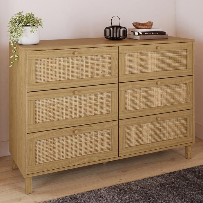 Cómoda de 6 cajones con rejilla de ratán natural de madera - 115 cm