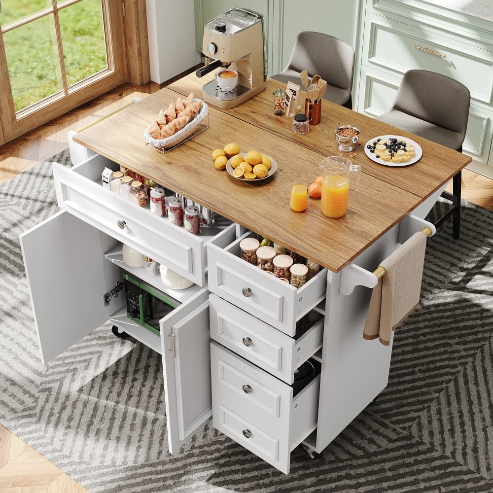 Isla de cocina con mesa abatible y cajones blanco 92x110x45-75cm