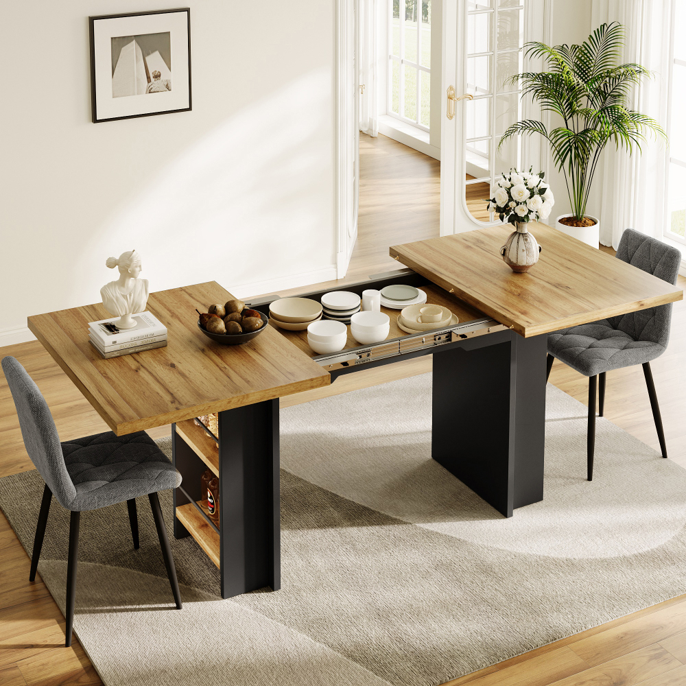 Mesa extensible con estantes mdf color madera natural 75x120-160x80cm