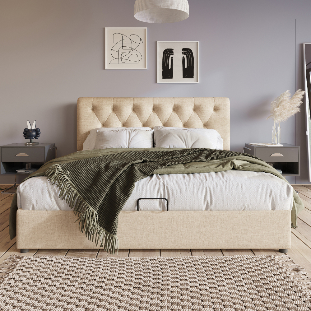 Cama tapizada 140x200cm canapé cabecero ajustable lino natural con colchón