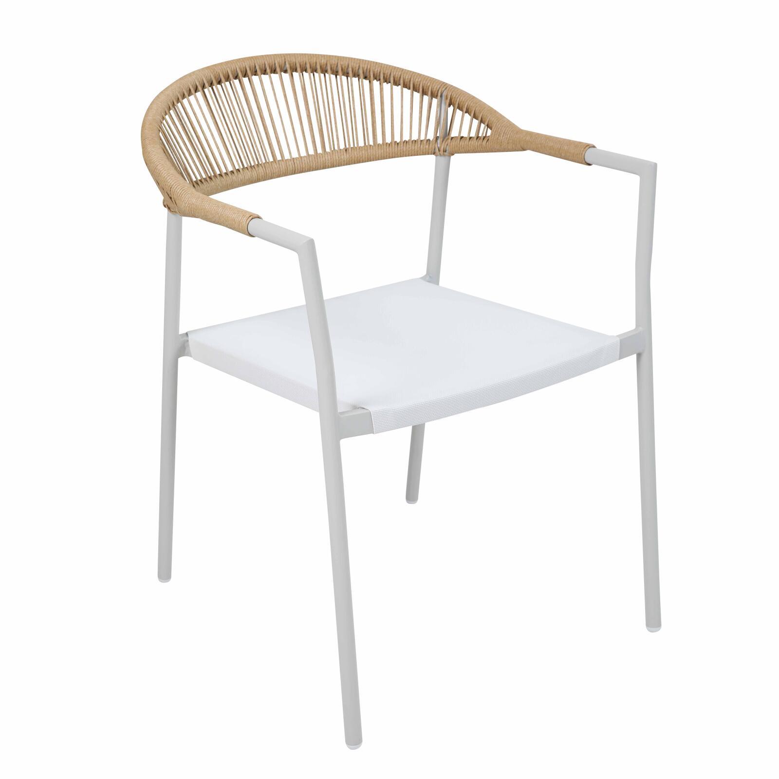 Silla de jardín de metal blanco y ratán sintético con reposabrazos