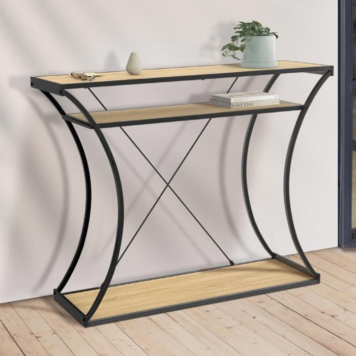Consola industrial de doble estante de madera negra de 100 cm