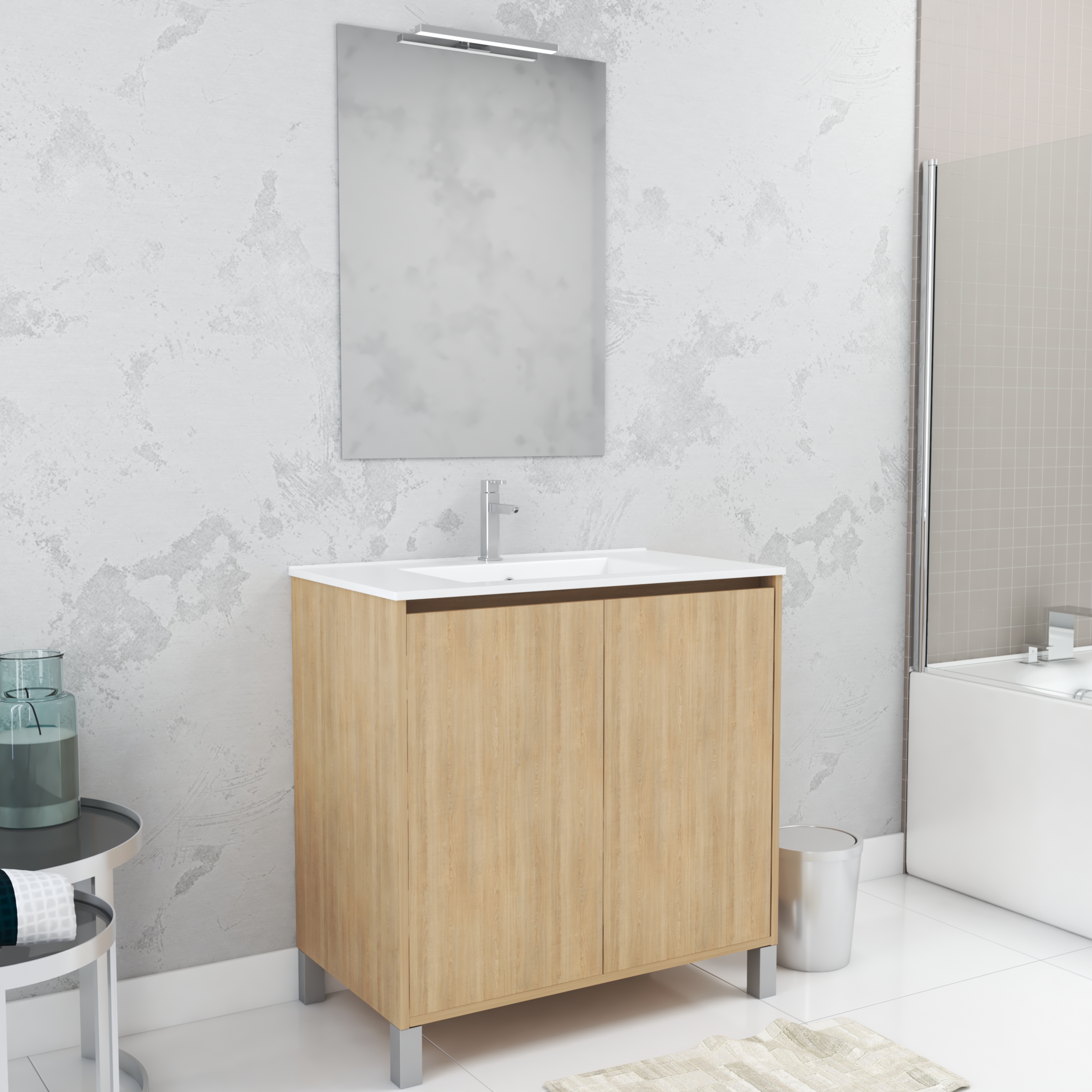 Pack mueble baño 80 cm roble claro 2 puertas lavabo espejo LED