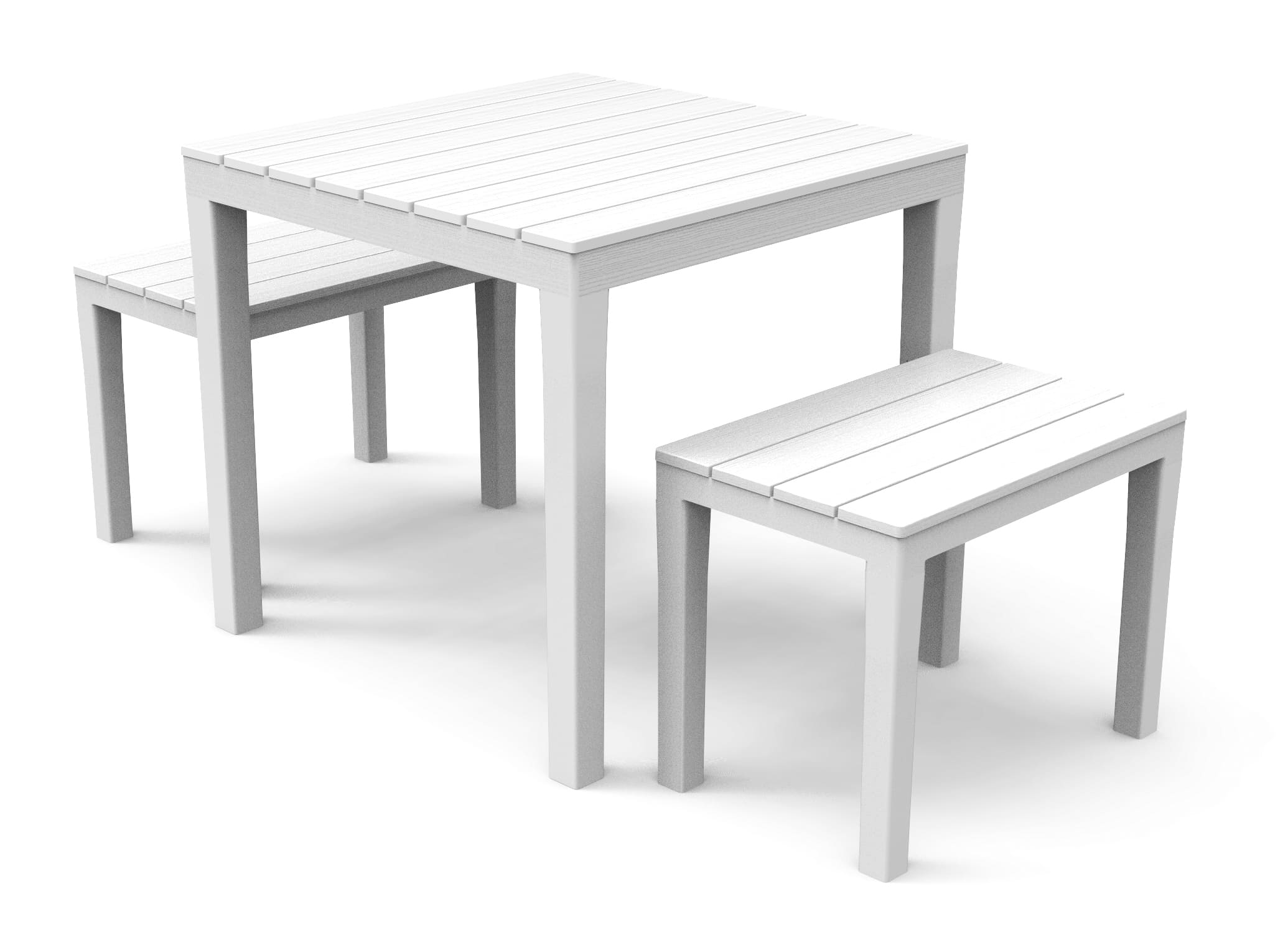 Conjunto de jardín exterior (2 bancos y 1 mesa), imitación madera, blanco