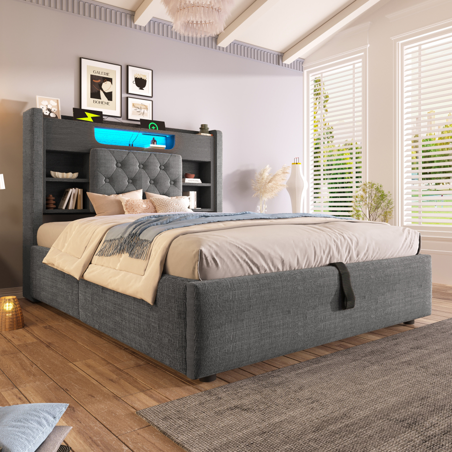 Cama tapizada 90x200 cm con LED, carga y canapé de lino – gris