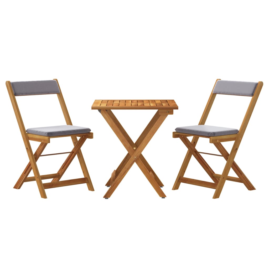 vidaXL mesa y sillas plegables terraza 3 pzas y cojines madera acacia