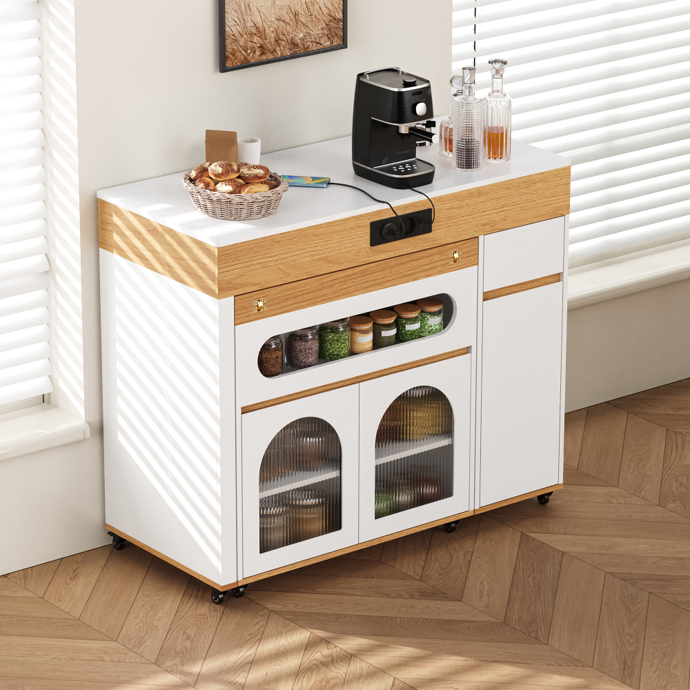 Isla de cocina con mesa extensible 1 cajón blanco natural 95,5x110,5x50,5cm