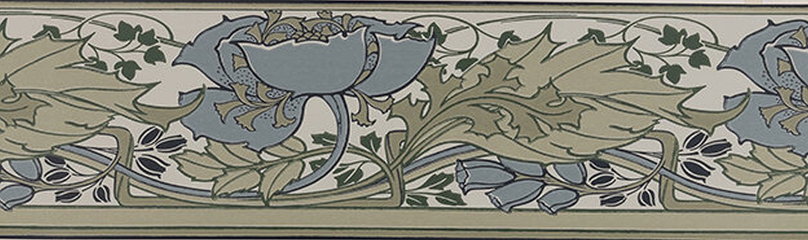 Duro cenefa de papel pintado flores vintage en estilo art nouveau verde
