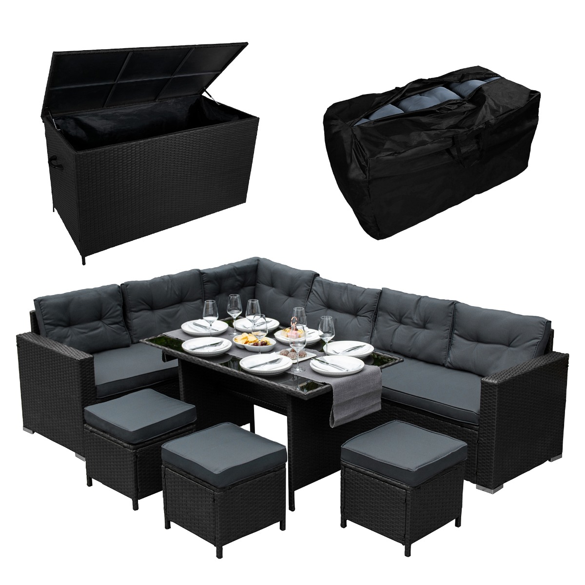 Juego esquinero de comedor de ratán y caja de almacenamiento - gris