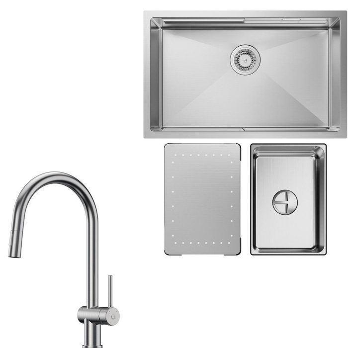 Fregadero de cocina de 70x44 cm, 1,5 senos, escurridor, grifo monomando ext