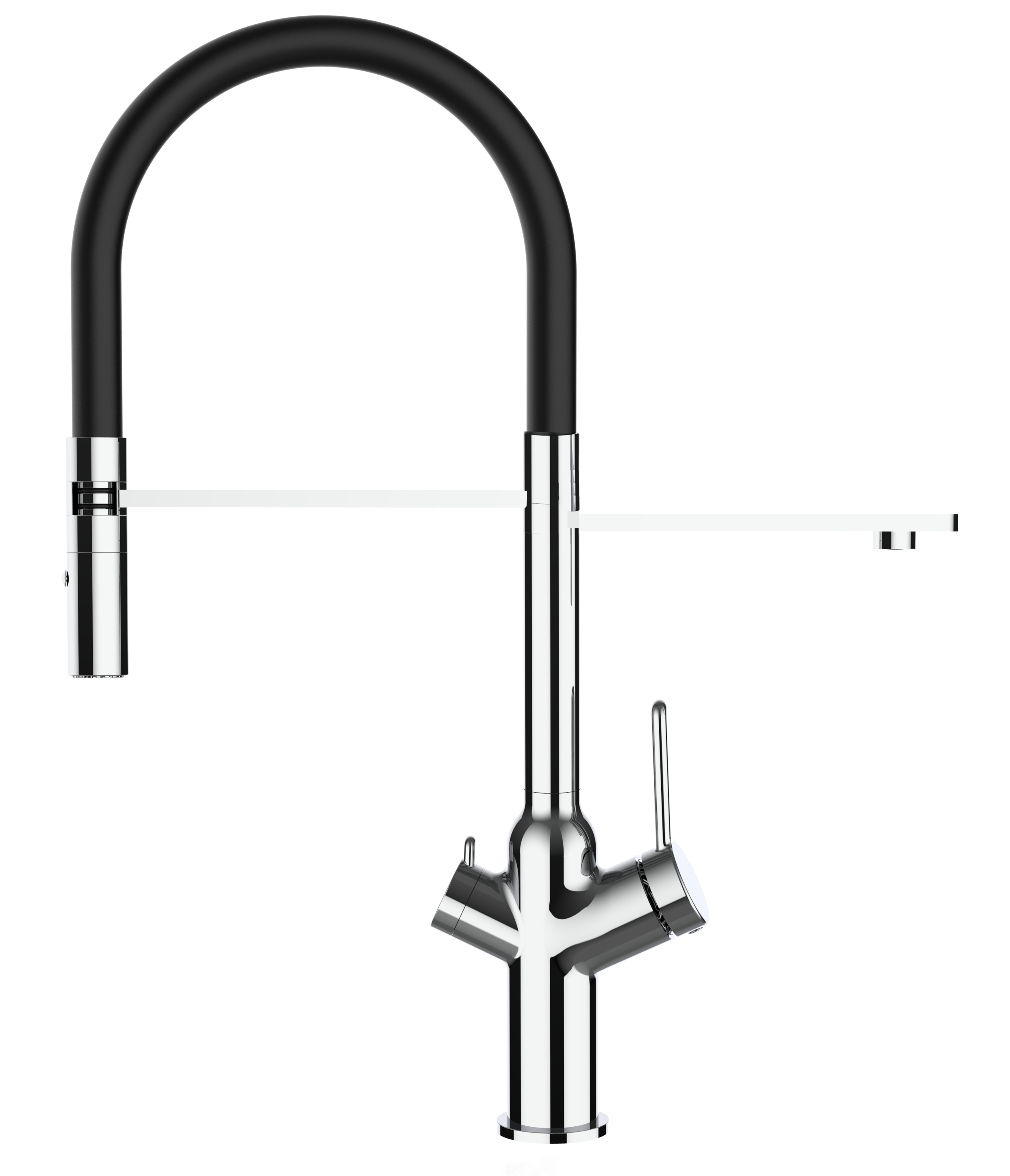 Grifo de cocina 4 vías cromado caño giratorio negro ducha 2chorros, BOD