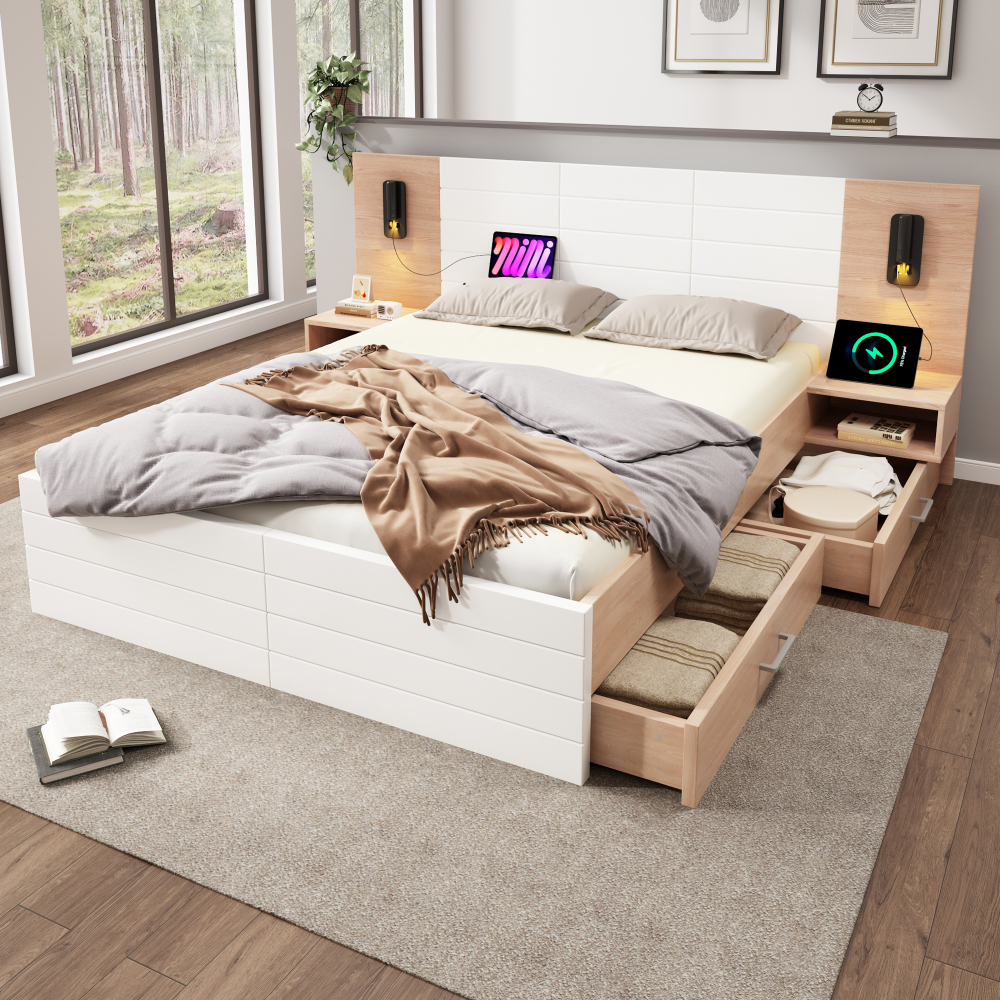 Cama doble 180x200cm 2 cajones, luz de lectura y usb madera, blanco roble