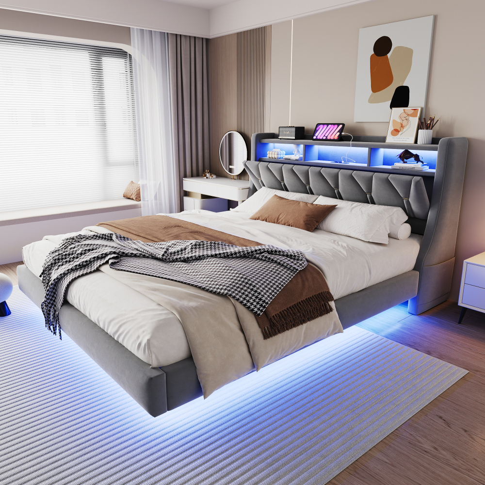 Cama doble tapizada 180x200cm con LED, usb-c y almacenaje terciopelo gris