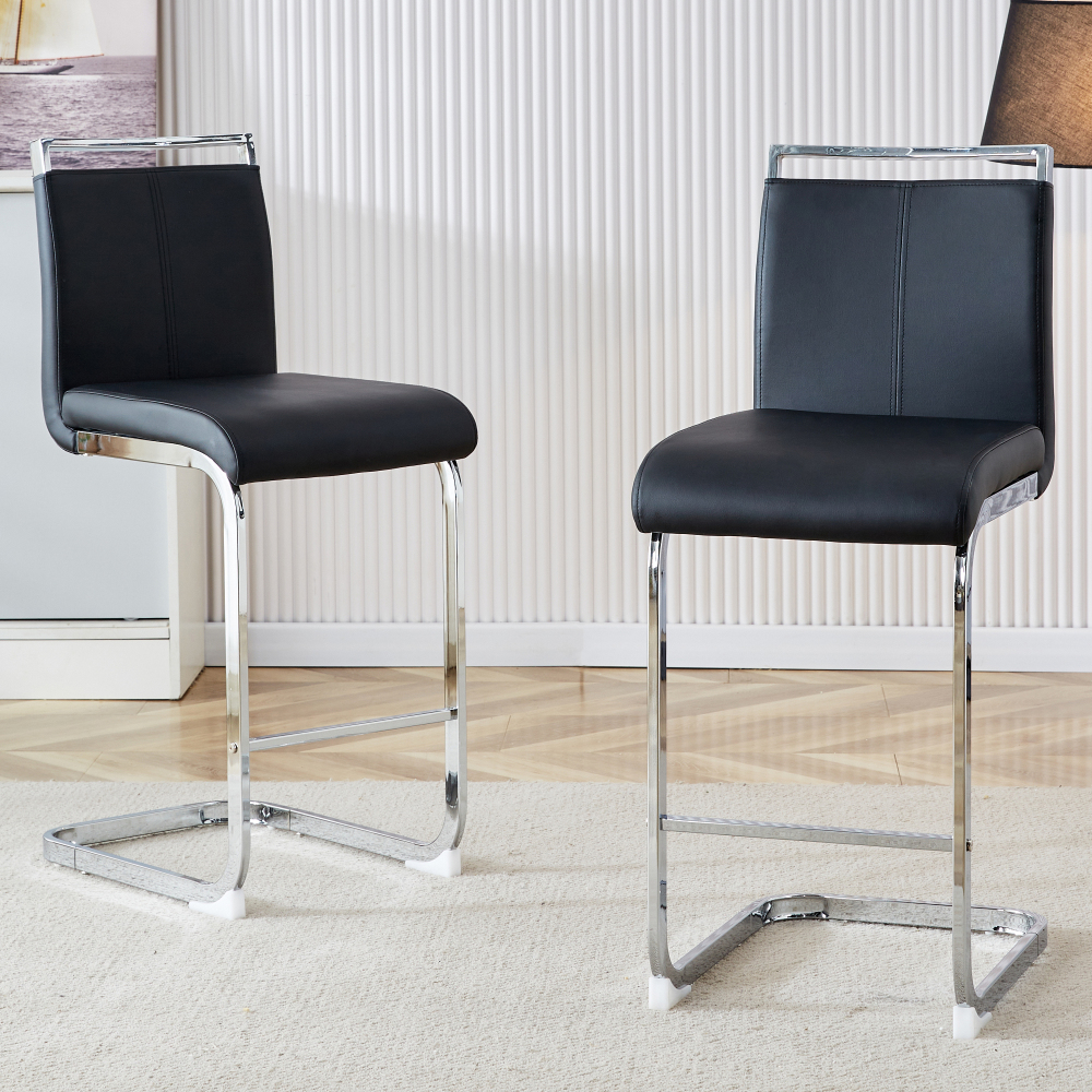 Taburete de bar piel sintética negra patas metálicas set 2 cocina/barra