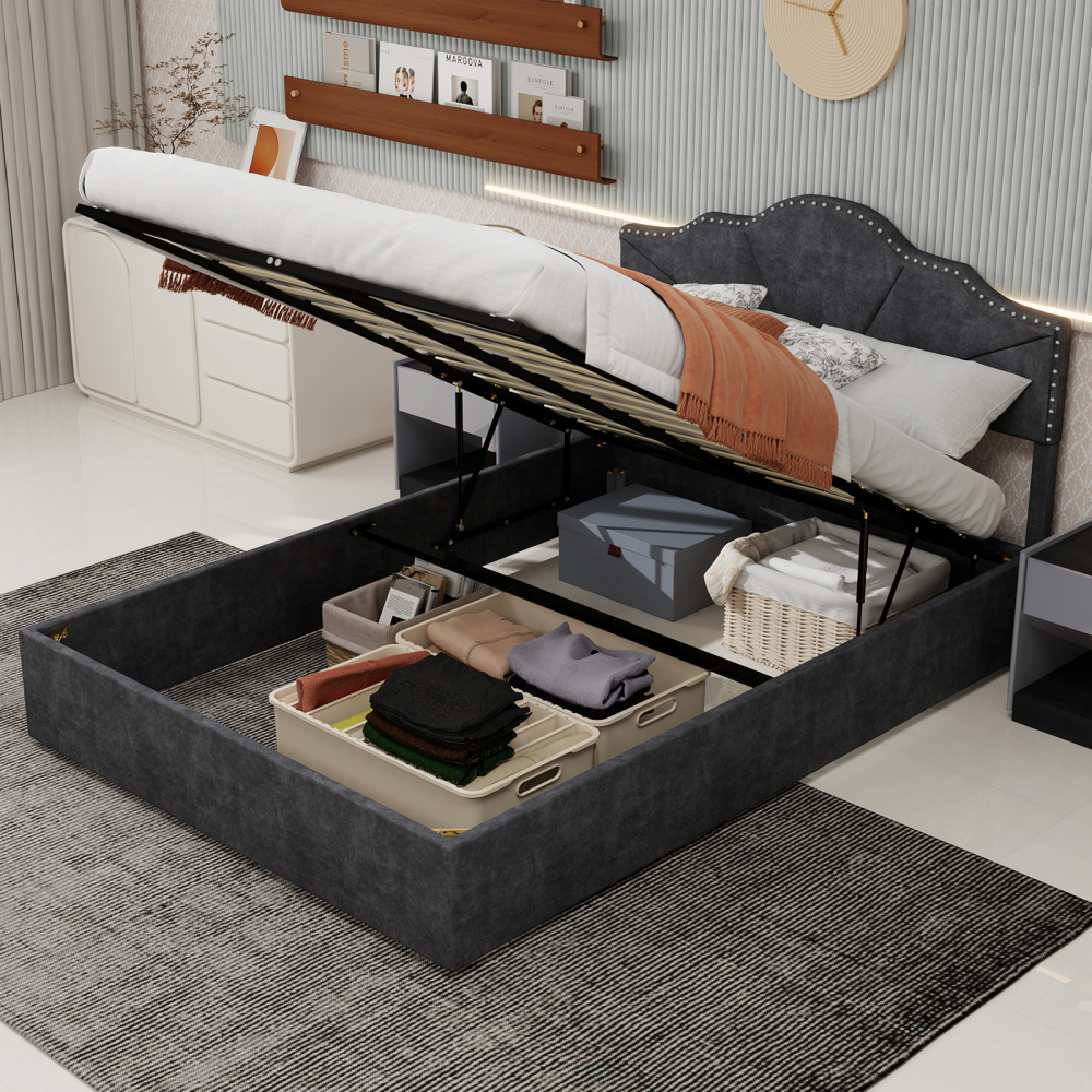 Cama tapizada 160x200 cm con cabecero geométrico tela – color gris