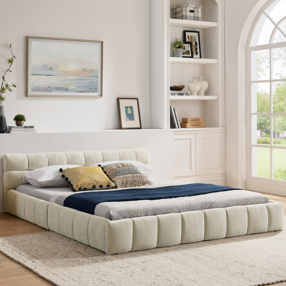 Cama tapizada 160x200cm estructura de madera y metal chenilla – beige