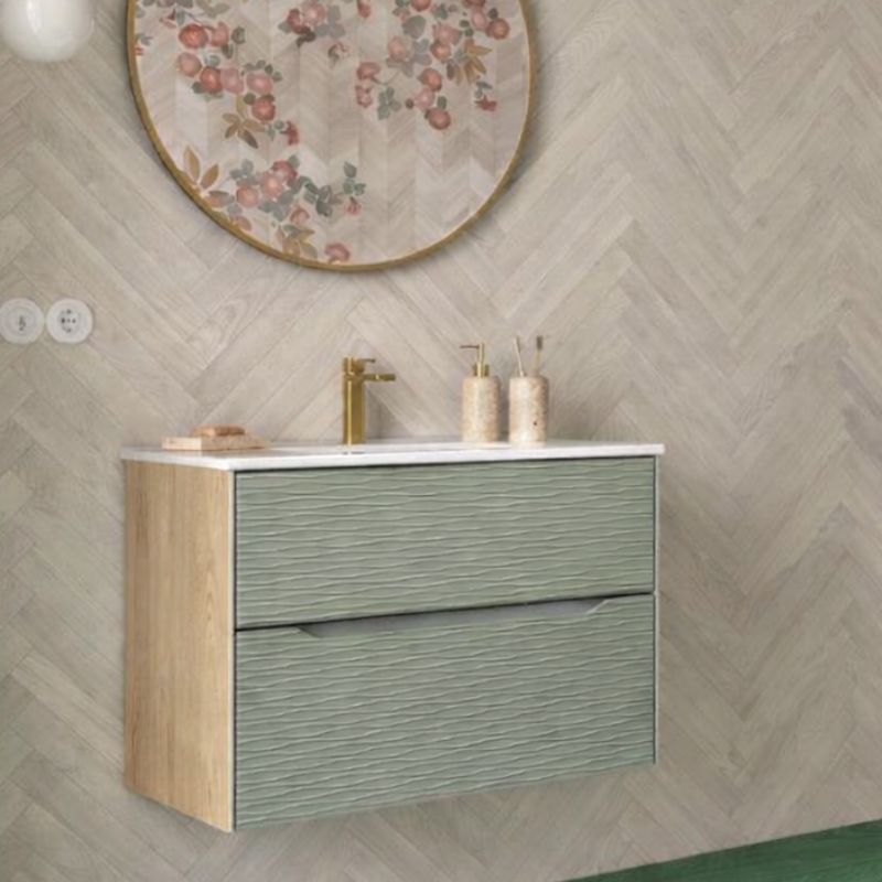 Mueble de baño suspendido verde mate sahara 100cm 2 cajones|lavabo incluido