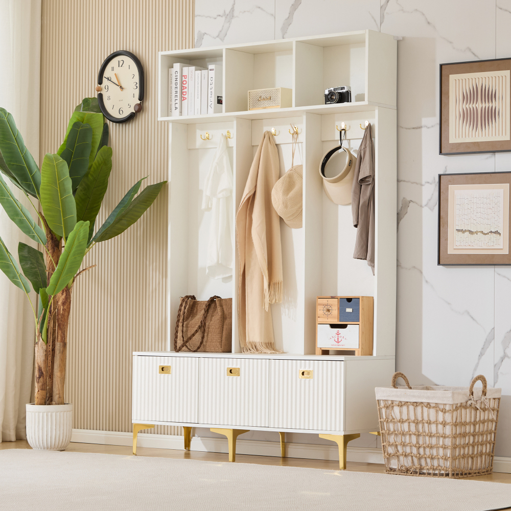 Mueble recibidor con banco y perchero blanco 191,5x120x23,5cm