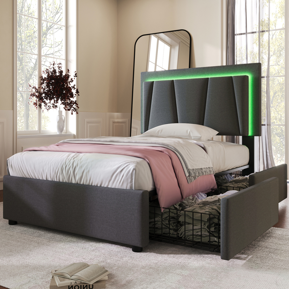 Cama tapizada 90x200cm LED 2 cajones cabecero ajustable madera gris colchón