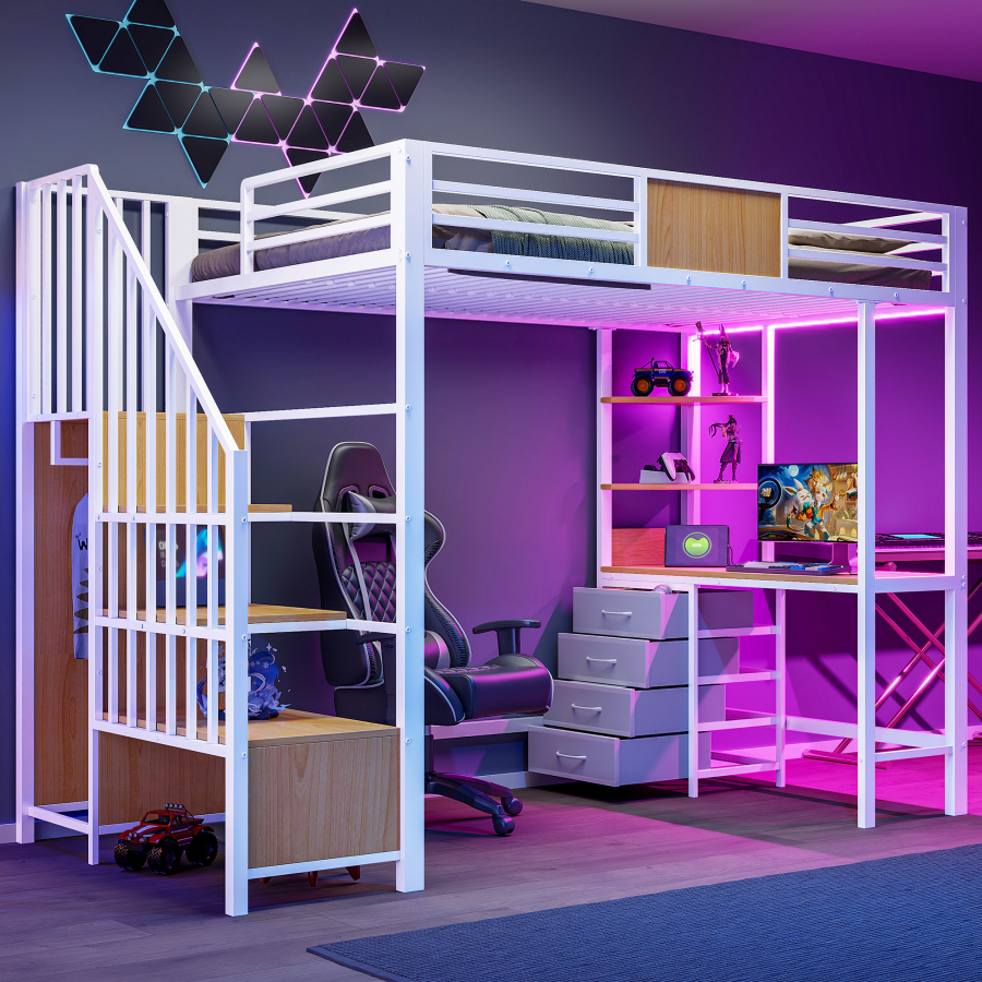 Cama alta 90x200cm con escritorio, estantes, barra y luz LED metal – blanco