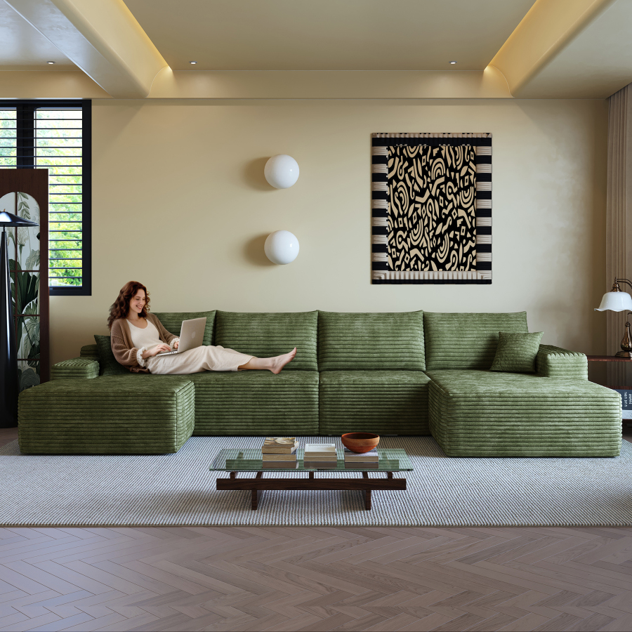 Sofá modular en l con chaise longue de tela verde 4 plazas sin montaje