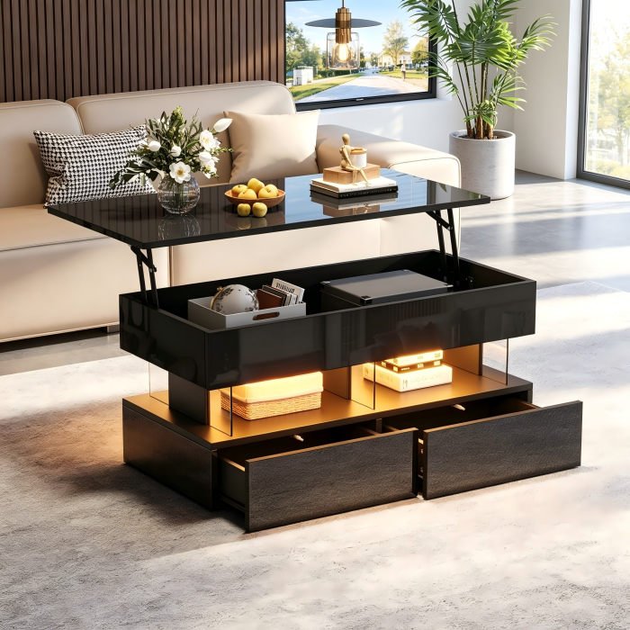 Mesa de centro elevable con 2 cajones negro 46x100x50cm