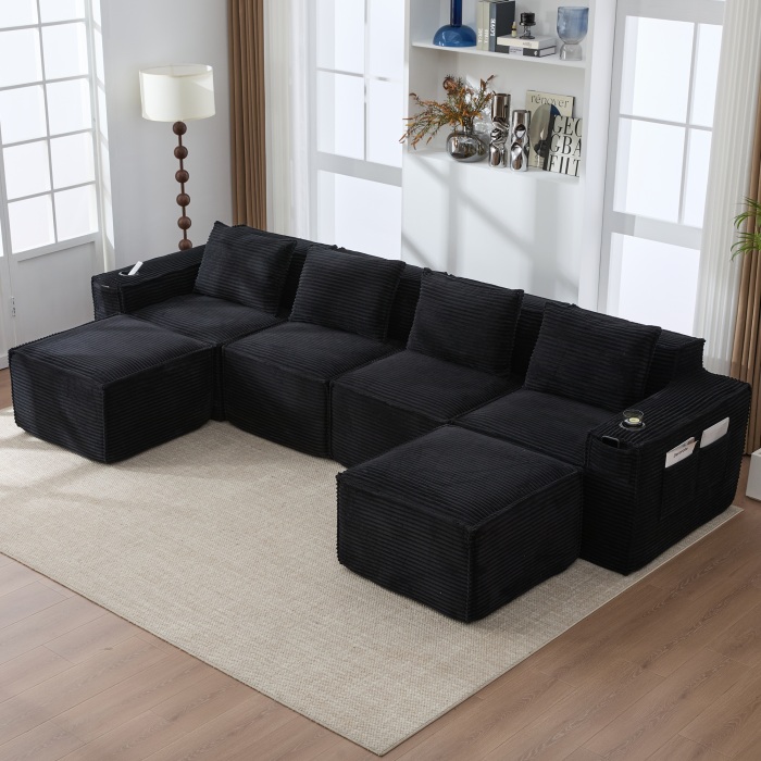 Sofá modular 4 plazas pana negro con 2 pufs y portavasos